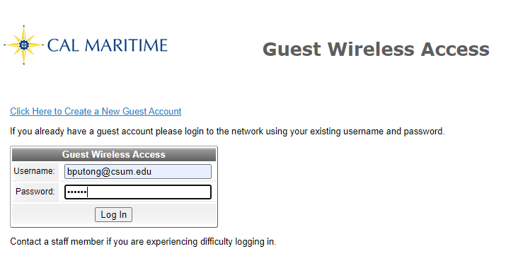  photo of the login page for guest wireless access