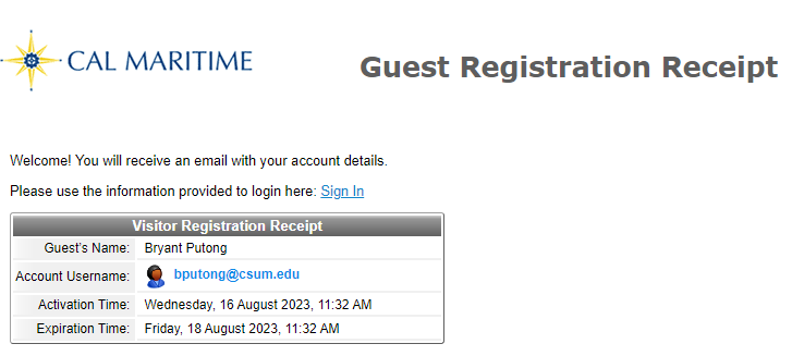  photo of welcome message and visitor registration receipt 